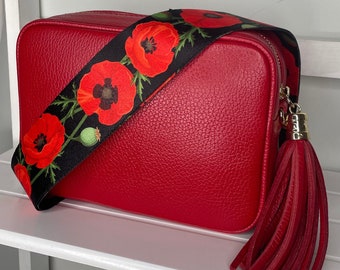 Poppy print bag strap, crossbody Bag Strap, Handmade in the UK