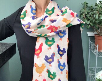 Chicken print scarf, Chicken gifts, Farmyard Gift, Colourful Chicken print scarf