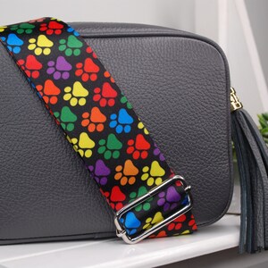 Paw Print Taschengurt, Crossbody Taschengurt, Bunter Taschengurt, extra langer Taschengurt, handgefertigt in Großbritannien