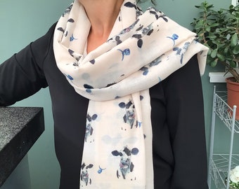 Cow print scarf - personalised Cow gifts - hand printed wildlife scarf with cows on -  animal lover gift - teacher thank you gift