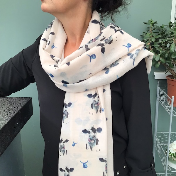 Cow print scarf - personalised Cow gifts - hand printed wildlife scarf with cows on -  animal lover gift - teacher thank you gift