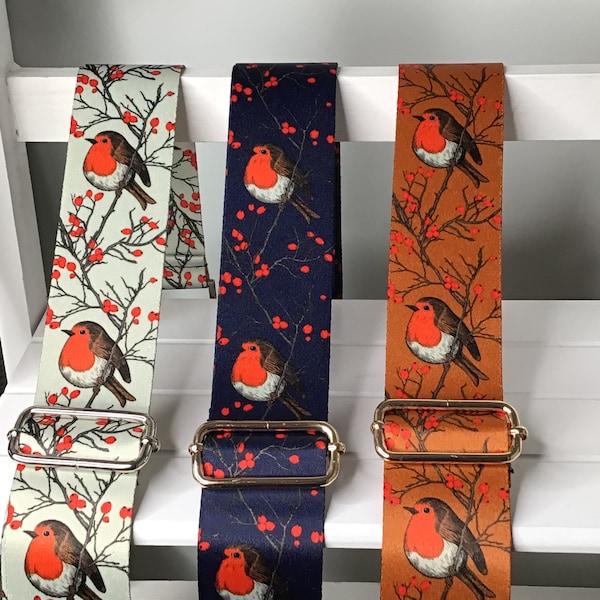Correa para bolso con diseño de petirrojo navideño, correa para bolso de regalo navideño, correa para bolso bandolera, correa para bolso con diseño de petirrojo navideño, hecha a mano en el Reino Unido.