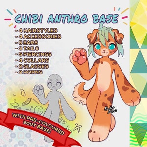 May include: A digital illustration of a chibi anthro base with a pre-colored body. The base is a dog-like character with orange fur and brown spots. The base has a variety of customization options, including hairstyles, accessories, ears, tails, piercings, collars, glasses, and horns. The text "CHIBI ANTHRO BASE" is at the top of the image. The text "WITH PRE-COLOURED BODY BASE!" is at the bottom of the image.