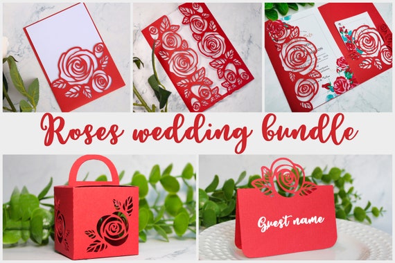 Roses wedding bundle svg Wedding invitation svg Tri fold envelope template Wedding favor boxes Place card svg Laser cut invitation