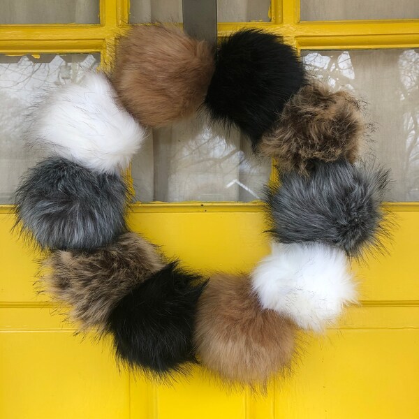 Multi-Color Realistic Looking Fake Fur Pom Pom Door Wreath/Wall Decor