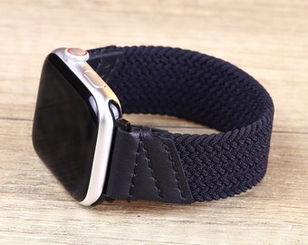 Sport Loop compatible with Apple watch 9 8 7 6 5 4 45mm 44mm 42mm 41mm 38mm Nylon and Leather One Piece Braided Elastic Designer Strap