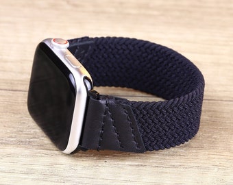 Sport Loop compatible with Apple watch 9 8 7 6 5 4 45mm 44mm 42mm 41mm 38mm Nylon and Leather One Piece Braided Elastic Designer Strap