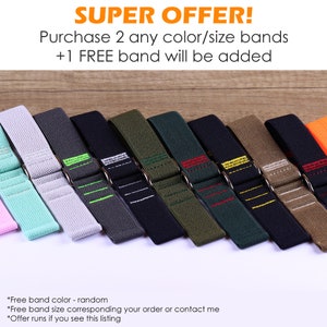 May include: A selection of colorful watch bands in various colors and textures. Purchase two bands and get one free. *Free band color - random. *Free band size corresponding your order or contact me. *Offer runs if you see this listing.