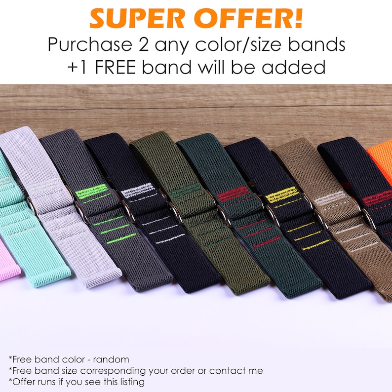 May include: A selection of colorful watch bands in various colors and textures. Purchase two bands and get one free. *Free band color - random. *Free band size corresponding your order or contact me. *Offer runs if you see this listing.