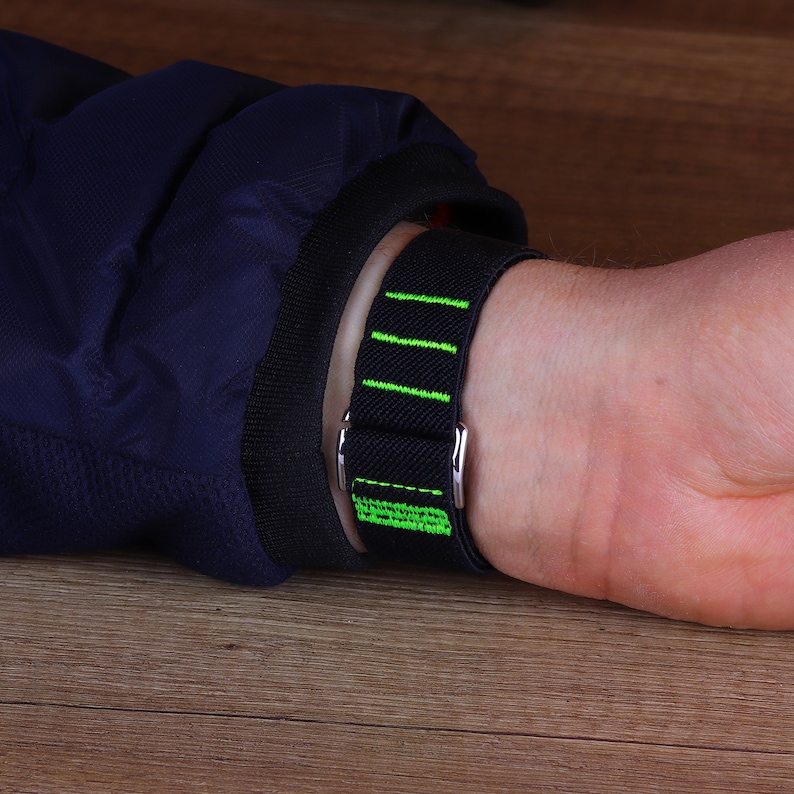 May include: A black watch band with green stripes and silver buckles.