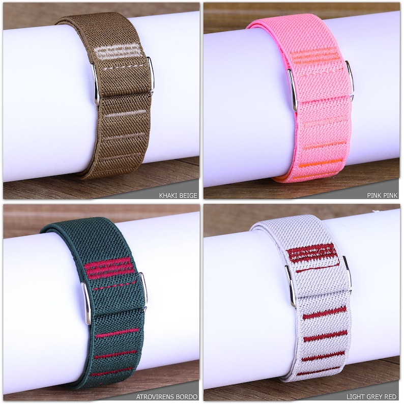 May include: Four different colored elastic watch bands with contrasting colored stripes. The bands are khaki beige, pink pink, dark green with red stripes, and light gray with red stripes.