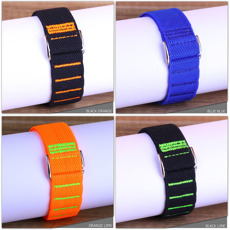 May include: Four different colored watch bands with contrasting colored stripes. The bands are black with orange stripes, blue with blue stripes, orange with green stripes, and black with green stripes.
