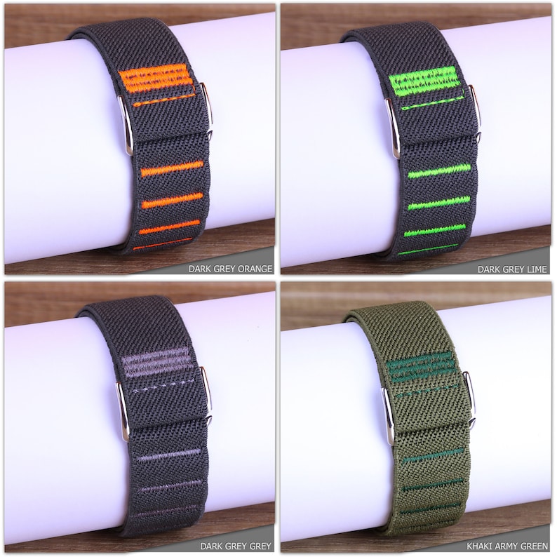 May include: Four different colored watch bands with contrasting colored stripes. The bands are made of a stretchy material and have a silver buckle. The colors are dark grey with orange stripes, dark grey with lime green stripes, dark grey with grey stripes, and khaki with army green stripes.