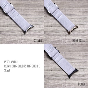 May include: A close-up of three Pixel Watch bands with different connector colors: silver, rose gold, and black. The bands are made of a soft, gray material and have a simple, modern design.  "PIXEL WATCH CONNECTOR COLORS FOR CHOICE Steel"