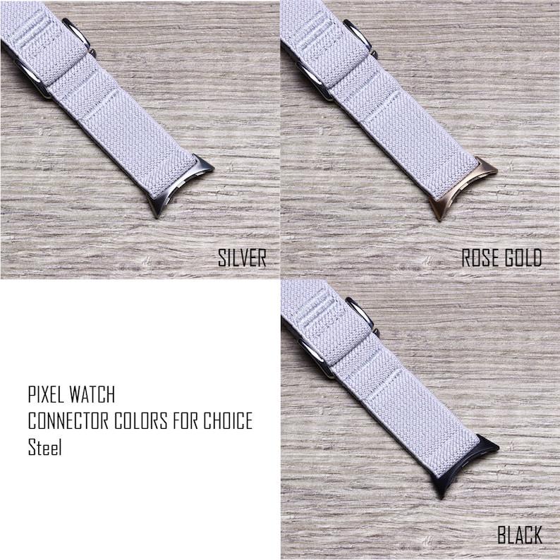 May include: A close-up of three Pixel Watch bands with different connector colors: silver, rose gold, and black. The bands are made of a soft, gray material and have a simple, modern design.  "PIXEL WATCH CONNECTOR COLORS FOR CHOICE Steel"