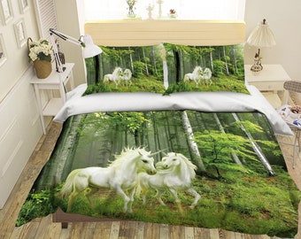 3D Unicorn Forest MM265 Duvet Cover Bedding Set Quilt Cover Quilt Duvet Cover ,Pillowcases Bedding,Queen, King ,Full, Double 3 Pcs