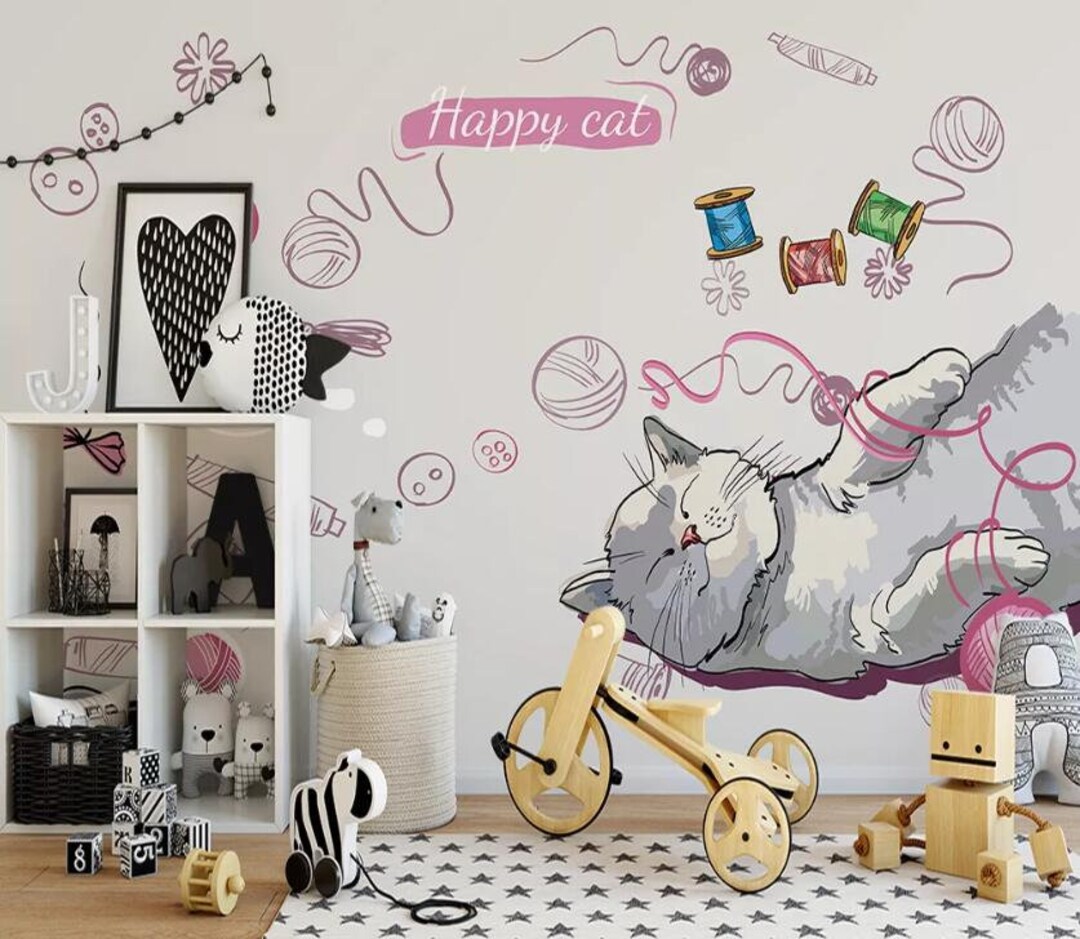 3D Happy Grey Cat GNGN649 Wallpaper Mural Decal Mural Photo - Etsy