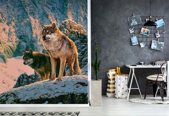 3d Wolf Couple Sunset A139 Wallpaper Mural Decal Mural Photo Etsy