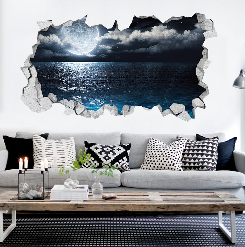 3D Night Sea D75 Broken Wall Decal Mural Photo Wall Sticker Etsy