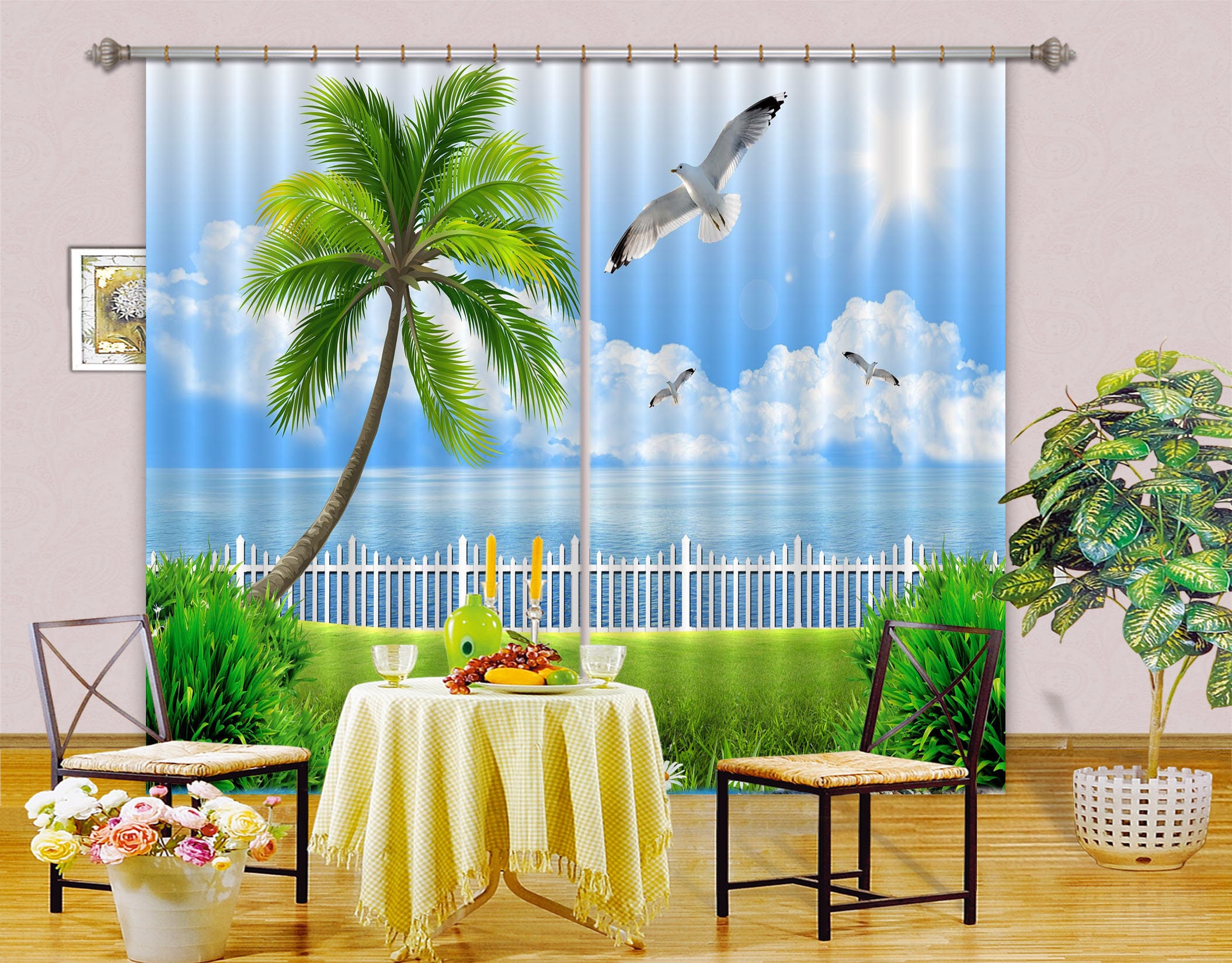 Blue Sky And Cocount 05 3D Curtain Blockout Photo Print Curtains Fabric Window 