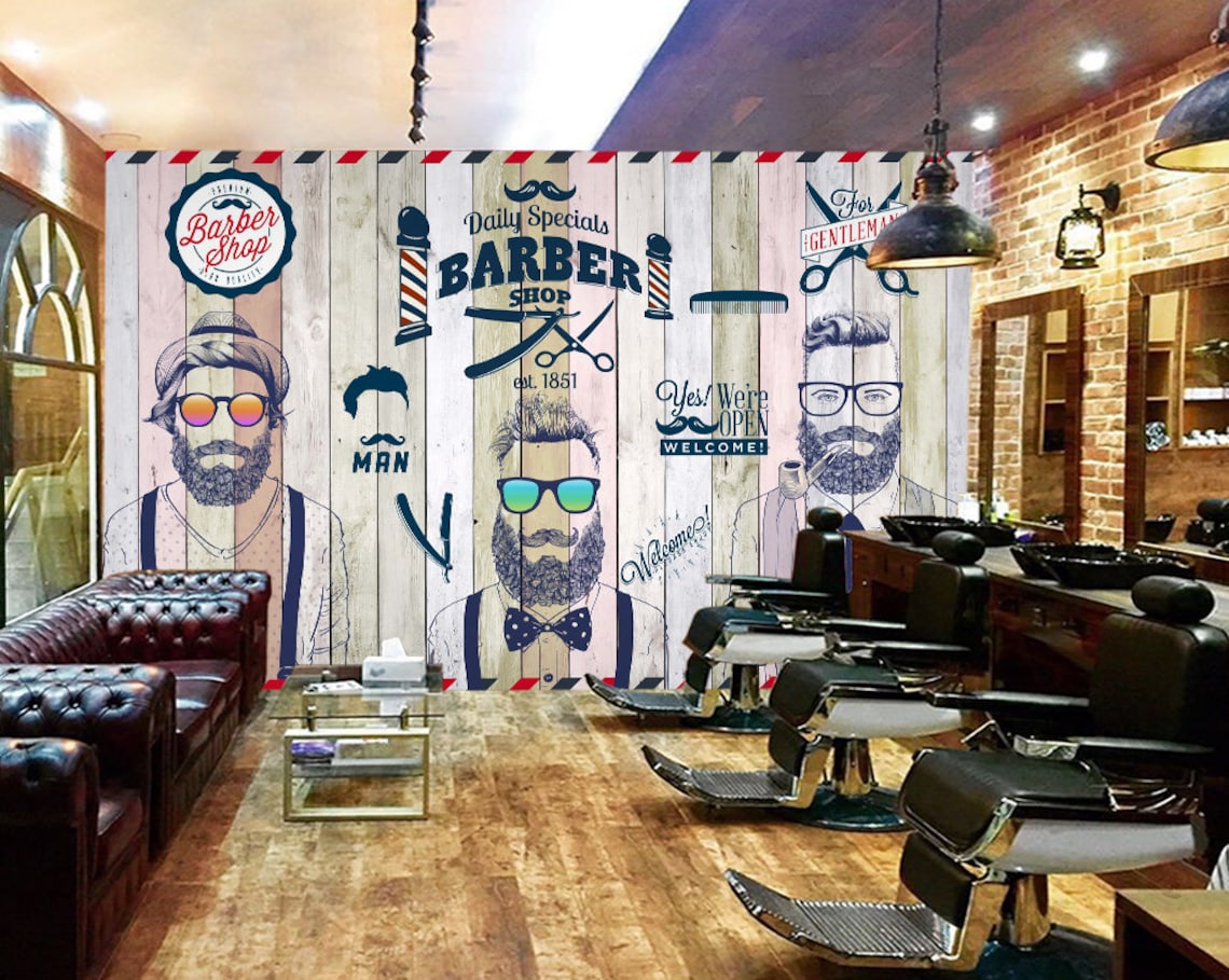3D Barber Shop WGN143 Wallpaper Mural Decal Mural Photo Etsy
