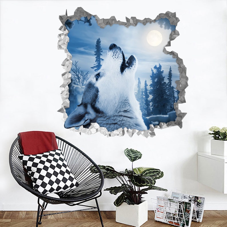 3D Wolf and Moon D298 Broken Wall Decal Mural Photo Wall Etsy