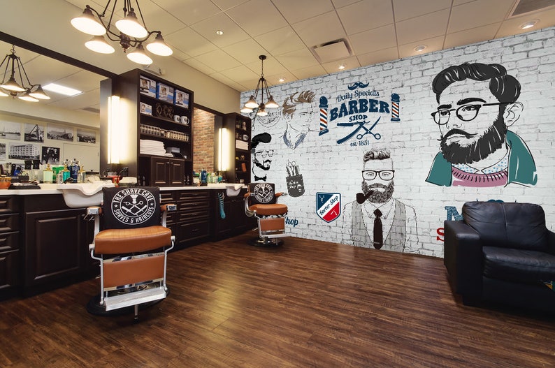3D Barber Shop WGN146 Wallpaper Mural Decal Mural Photo Sticker Decal Wall Self-Adhesive Wall Art Design 3d printed Removable Wallpaper