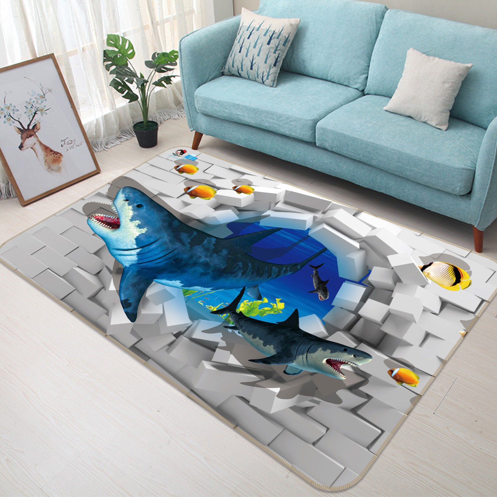 3D Sharks Across Wall FF432 Floor Non Slip Rug Room Mat Round Etsy