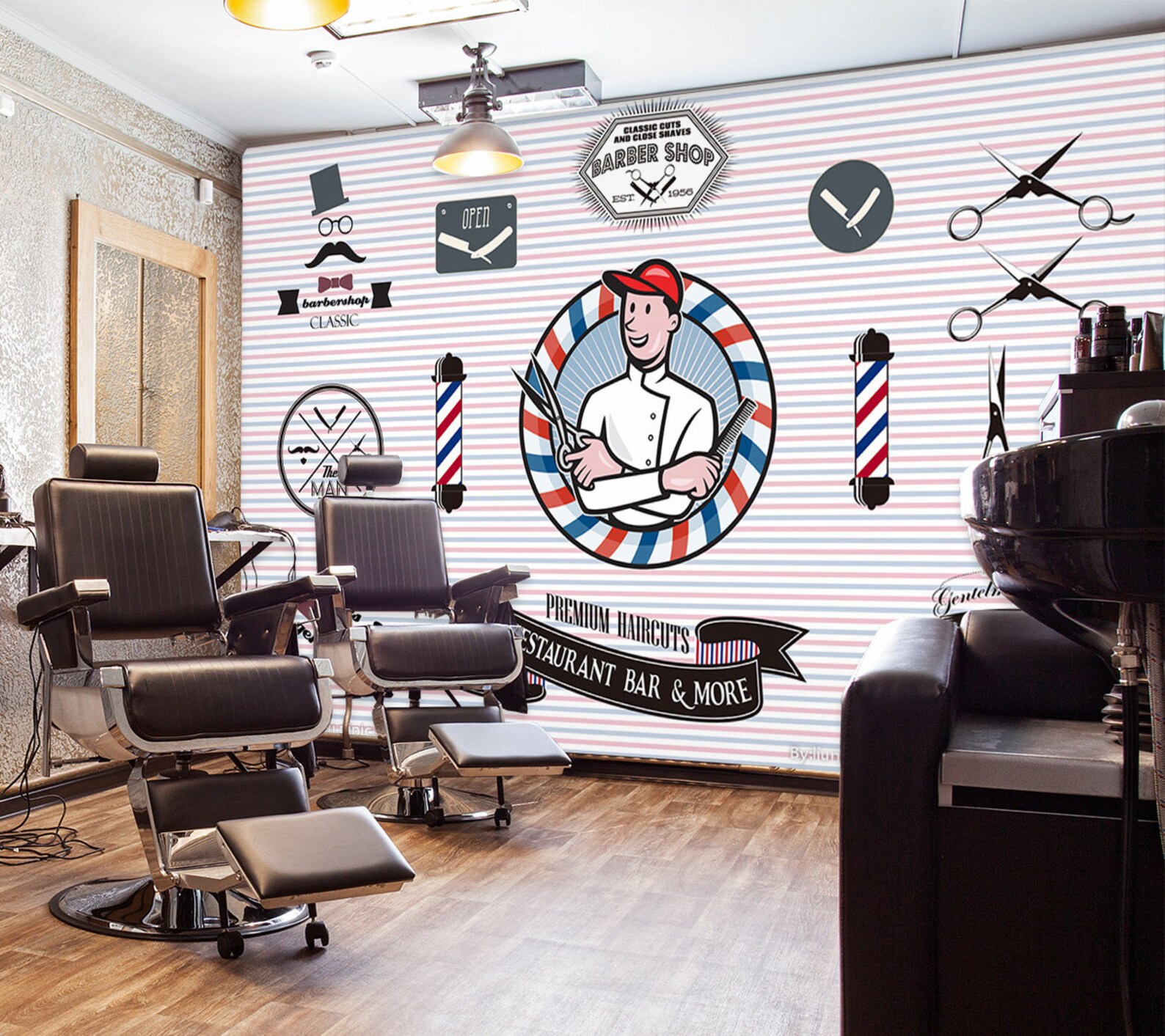3D Barber Shop WGN127 Wallpaper Mural Decal Mural Photo Etsy
