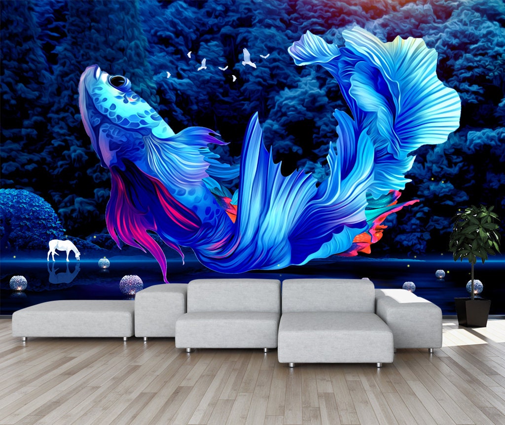 3D Blue Guppy GN158 Wallpaper Mural Decal Mural Photo Sticker | Etsy
