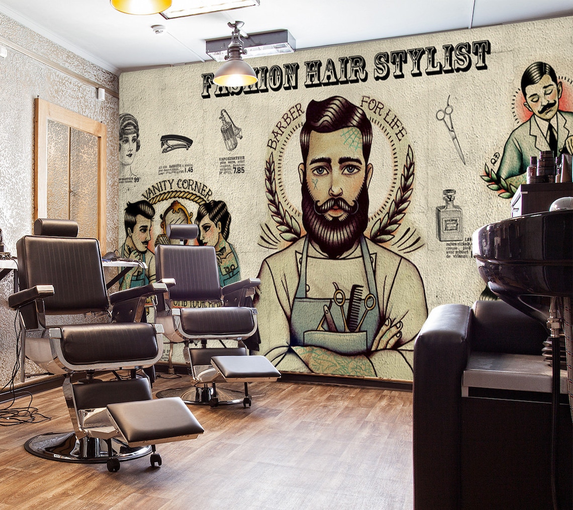 3D Barber Shop WGN201 Wallpaper Mural Decal Mural Photo | Etsy