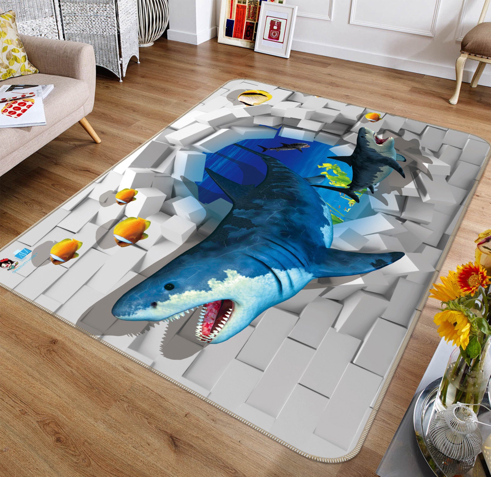 3D Sharks Across Wall FF432 Floor Non Slip Rug Room Mat Round Etsy