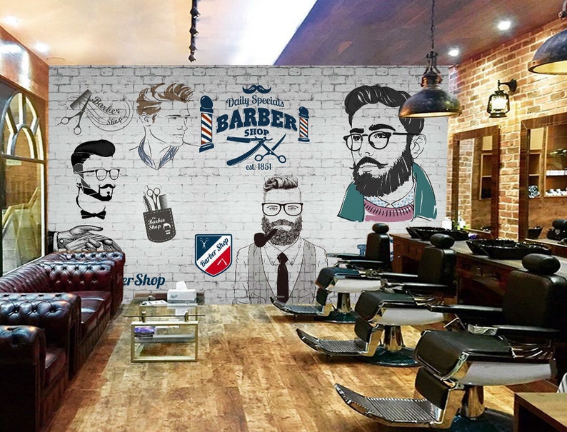 3D Barber Shop WGN146 Wallpaper Mural Decal Mural Photo Sticker Decal Wall Self-Adhesive Wall Art Design 3d printed Removable Wallpaper