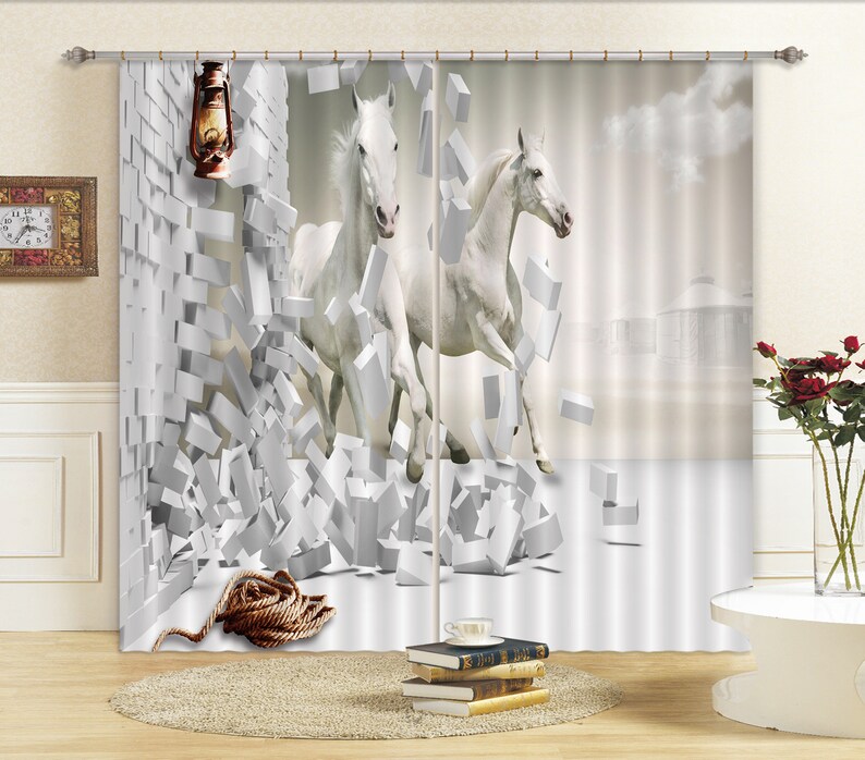 3D White Horse CC165 Blockout Photo Curtain Print Curtains Etsy