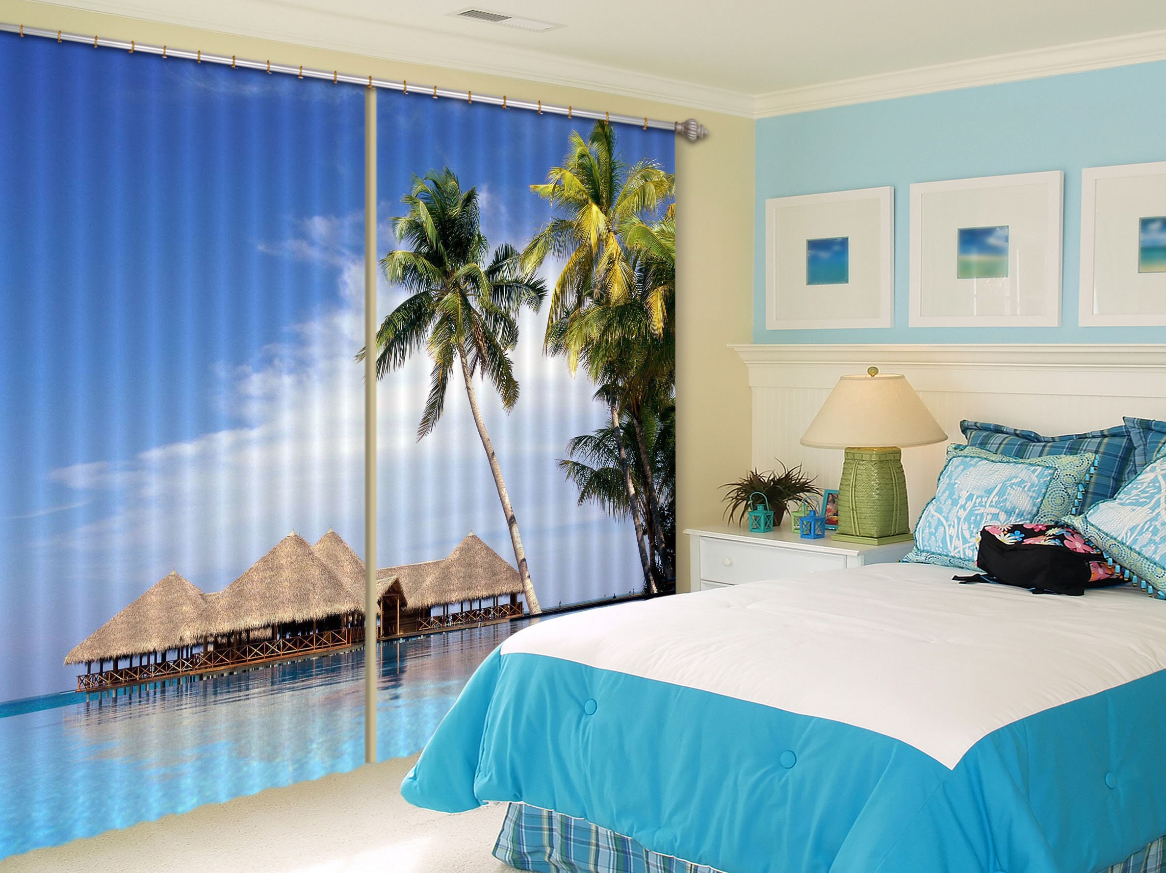 3D Lovely Island House 71 Curtains Drapes