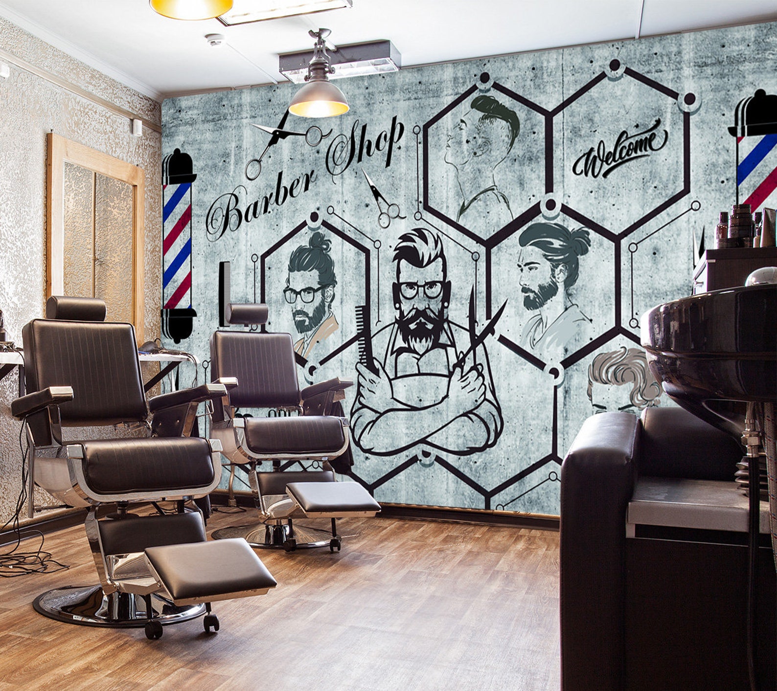 3D Barber Shop WGN189 Wallpaper Mural Decal Mural Photo Etsy