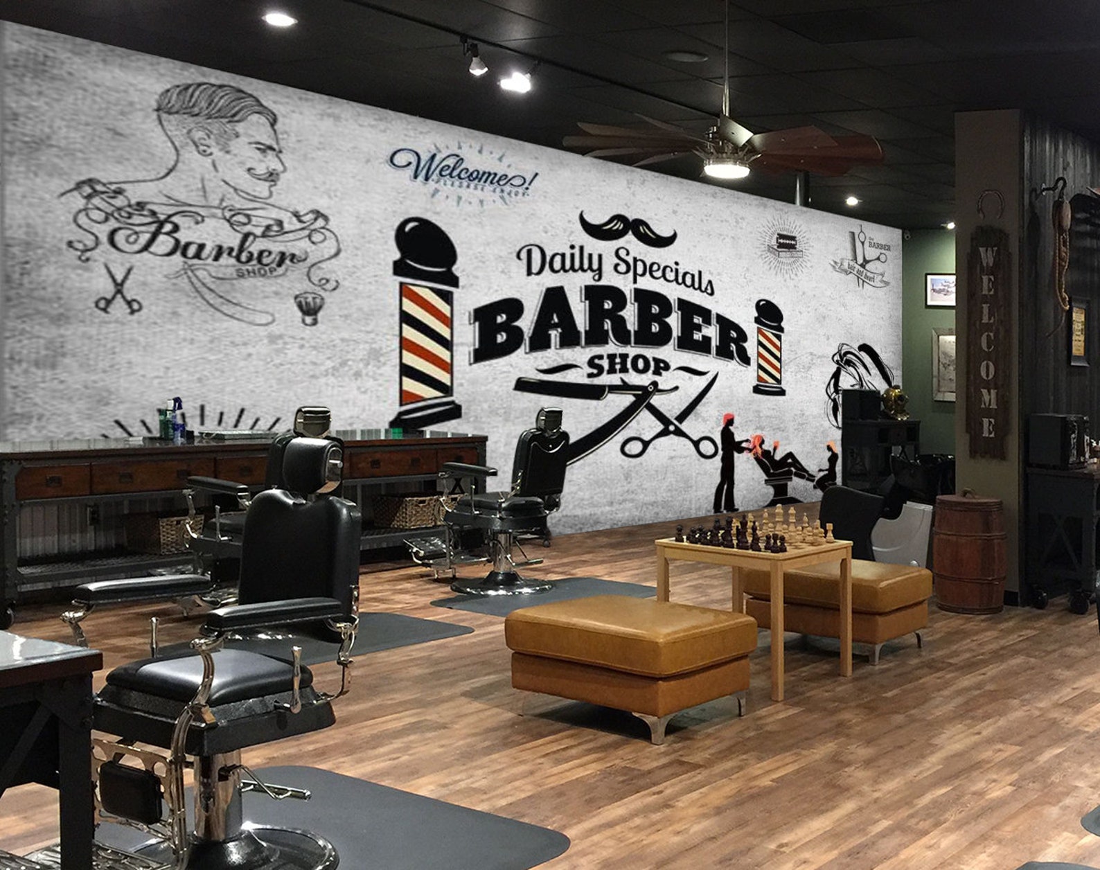 3D Barber Shop WGN139 Wallpaper Mural Decal Mural Photo Etsy