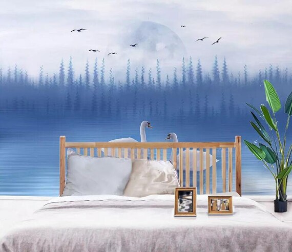 3D Swans Lake Woods GN916 Wallpaper Mural Decal Mural Photo | Etsy