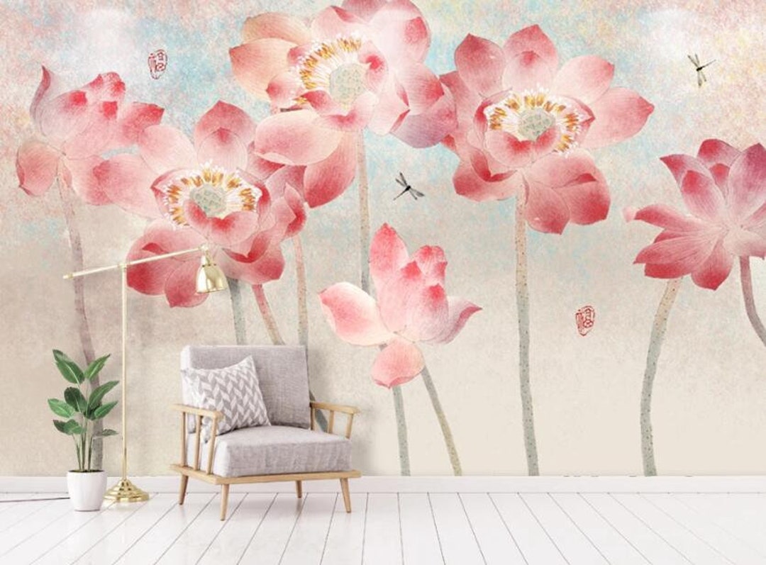 3D Lotus Dragonfly GNGN352 Wallpaper Mural Decal Mural Photo - Etsy