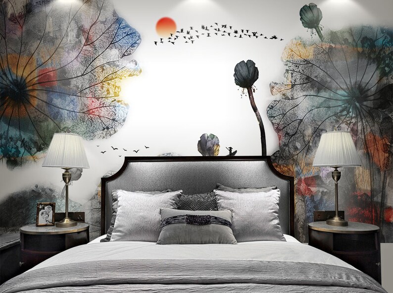 3D Ink Lotus Pond GN011 Wallpaper Mural Decal Mural Photo Sticker Decal Wall Self-Adhesive Wall Art Design 3d printed Removable Wallpaper