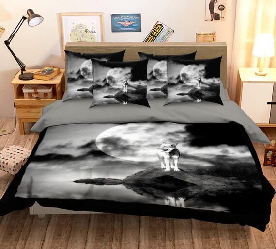 3D Moon White Wolf Bedding Set Duvet Cover Quilt Comforter Cover Pillow Case Set