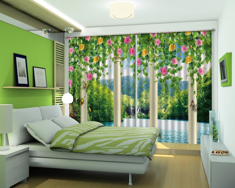 3D Flowers With Trees C170 Blockout Photo Curtain Print Curtains Drapes Fabric Window AJ Wallpaper 3D Large Photo Curtain