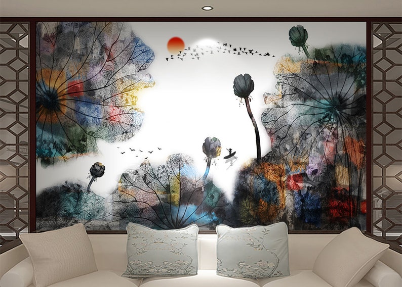 3D Ink Lotus Pond GN011 Wallpaper Mural Decal Mural Photo Sticker Decal Wall Self-Adhesive Wall Art Design 3d printed Removable Wallpaper