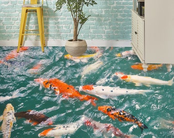 3D Waterfall Koi Carp Fish Pond Floor Mural Wallpaper Waterproof Sticker Bedroom 