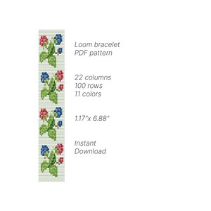 May include: A loom bracelet PDF pattern featuring a design of red and blue berries with green leaves. The pattern is for a bracelet that is 3 cm wide and 17.5 cm long. It requires 22 columns, 100 rows, and 11 colours.