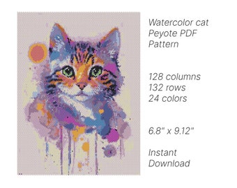 Watercolor cat peyote tapestry pattern, Peyote Tapestry Pattern, seed bead pattern, Peyote PDF pattern, miyuki delica pattern