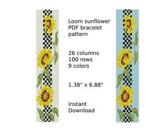 May include: A PDF pattern for a loom-knitted sunflower bracelet. The pattern is for a bracelet that is 1.38 inches wide and 6.88 inches long. The bracelet is made with 9 colors of beads and has 26 columns and 100 rows.