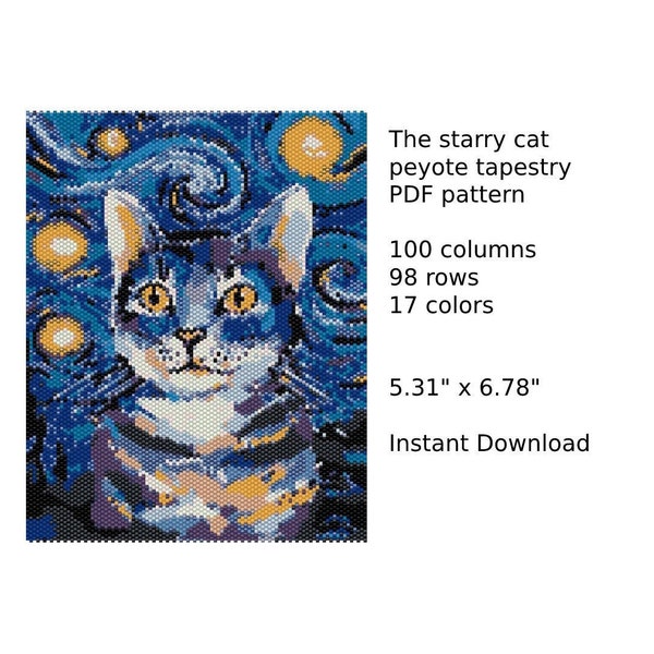 The starry cat Peyote Tapestry Pattern, Peyote Tapestry Pattern, seed bead pattern, Peyote PDF pattern, miyuki delica pattern