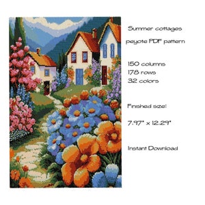 Könnte beinhalten: Ein farbenfrohes Perlenmuster für ein Peyote-Stichprojekt, das eine Sommerszene mit Häuschen, Blumen und einem Weg darstellt. Das Muster besteht aus 150 Spalten und 178 Reihen und verwendet 32 Farben. Die fertige Größe beträgt 7,97 Zoll mal 12,29 Zoll.