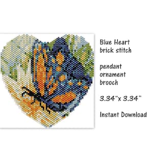 Blue Heart Brick stitsh pendant, ornament, brooch, PDF Pattern, Beaded butterfly , seed bead pattern, PDF , miyuki delica pattern
